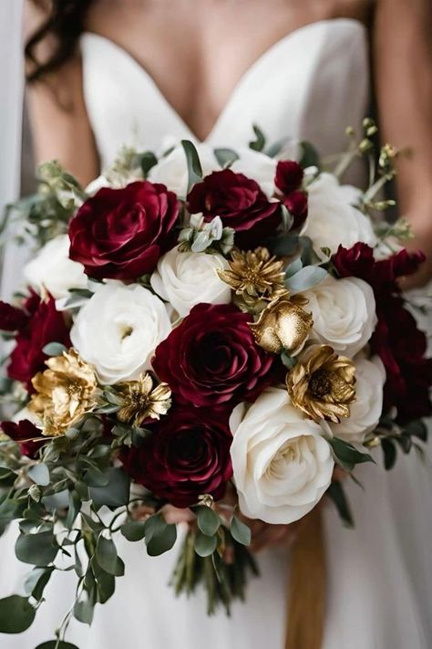 White Burgundy Gold Wedding, Burgundy Wedding Boutonniere, Burgundy Fall Bouquet, Red Wine Theme Wedding, Cranberry And Gold Wedding, Burgundy Winter Wedding Centerpieces, Wedding Ideas Red And Gold, Winter Bouquet Ideas, Red White And Gold Wedding Theme