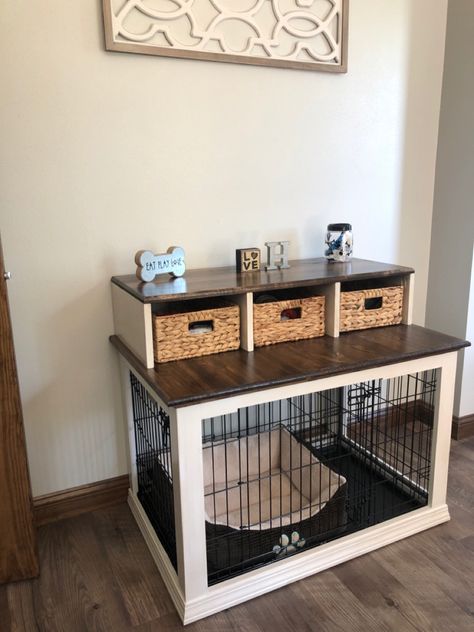 Hide Dog Kennel Ideas, Dog Kennel Hidden, Storage On Top Of Dog Crate, Dog Kennel Ideas Indoor Small Space, Upcycle Dog Crate, Dog Cage Inside House, Dog Section In Apartment, Shelves For Dog Stuff, Dog Cage Storage Ideas