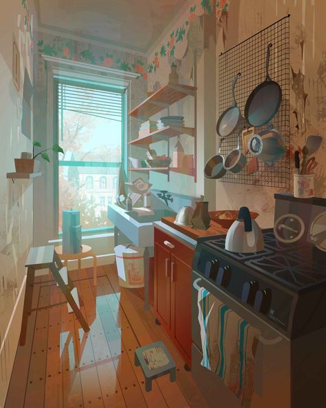 Sketch Vs Final, Interior Concept Art, Mystery Room, Environment Painting, Busy Kitchen, Kitchen Drawing, Perspective Drawing Lessons, Bg Design, European House