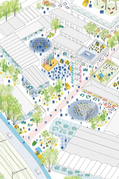 m²ft architects, Giovanni Paolo Tesei - Urban Reactivation of Tiburtino Neighborhood in Rome.  This axon is successful because of its vibrancy.  As a drawing that is meant to capture the reactivation of a neighborhood, the colors, greenery, and crowds of people suggest that this a lively urban area. Urbanism Drawing, Axonometric Drawing Architecture, Axonometric Diagram, Masterplan Architecture, Landscape Diagram, Axonometric Drawing, Urban Design Diagram, Urban Analysis, Urban Design Graphics