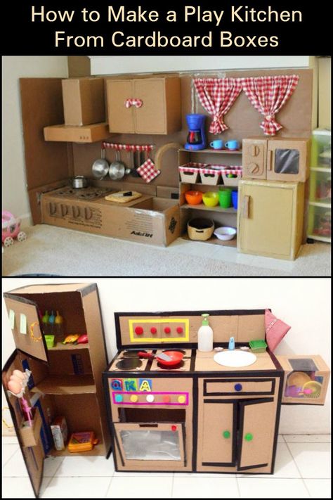 Have your kids been asking for a play kitchen set? Cardboard Kitchen, Diy Kids Kitchen, Cardboard Play, Cardboard Crafts Kids, Carton Diy, Diy Kids Furniture, Kitchen Sets For Kids, Play Kitchens, Cardboard Box Crafts