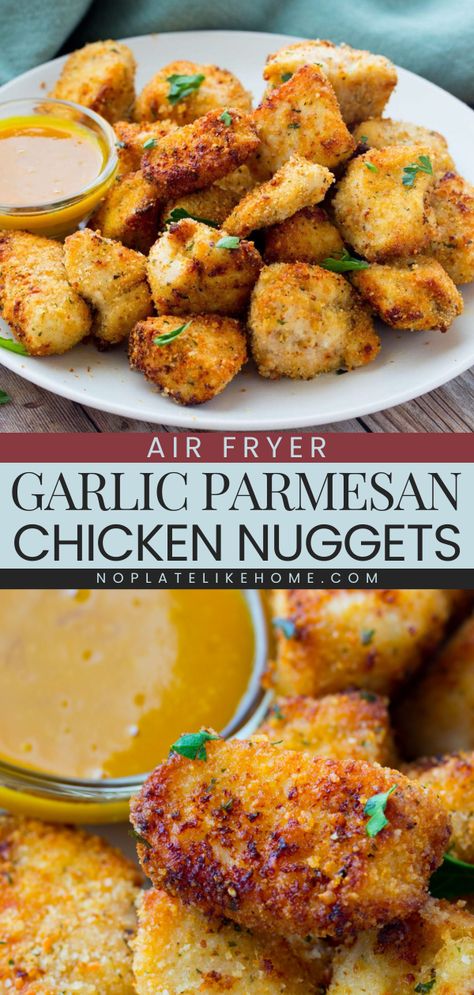 This air fryer recipe lets you enjoy homemade chicken nuggets in just 25 minutes! Crispy and delicious minus all of the fat and calories, these garlic parmesan chicken nuggets are a winner. This easy chicken dinner also doubles as a simple appetizer recipe! Air Fryer Recipes Chicken Meal Prep, Garlic Chicken Air Fryer Recipes, Easy Chicken Nuggets Baked, 3 Ingredient Air Fryer Chicken Nuggets, Chicken Parm Bites Air Fryer, Crispy Garlic Parmesan Chicken Bites, Garlic Parmesan Chicken Tenders Air Fryer, Garlic Parm Chicken Bites Air Fryer, Simple Healthy Lunch Meal Prep