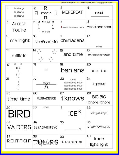 Free word puzzles. I used to love these as a kid. Great critical thinking activity! Printable Brain Teasers, Rebus Puzzles, Brain Teasers For Kids, Critical Thinking Activities, Logic Puzzles, E Mc2, Brain Teaser, Word Puzzles, Early Finishers