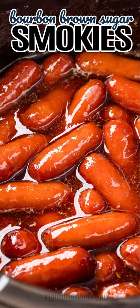 These tasty Bourbon Brown Sugar Smokies are slow cooked in a deliciously sweet and tangy sauce that will have everyone coming back for more. #RealhHousemoms #lilsmokies #smokies #bourbon #brownsugar #slowcooker #crockpot #appetizer #gameday #partyfood #superbowl #newyearseve Crockpot Little Smokies Brown Sugar, Brown Sugar Smokies, Bourbon Mustard, Crockpot Little Smokies, Party Appetizer Dips, Little Smokies Recipes, Smokies Recipe, Sausage Crockpot, Little Smokies