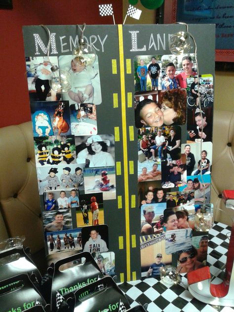 16th drivers license theme party. Memory lane picture board. License Birthday Party, Car Themed Sweet 16, Memories Theme Party, Hot Rod Party Ideas, Car Theme Graduation Party, Chevy Birthday Party Ideas, Sweet 16 Boys Party 16th Birthday, New Driver Birthday Party Ideas, Memory Lane Party Ideas