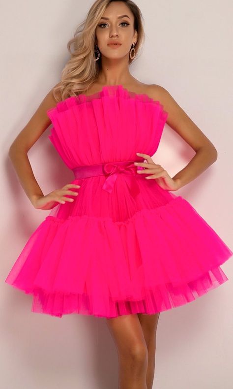 Dresses, Pink, Bandeau Dress, Hot Pink, Tube Dress, Pink Dress, Mesh