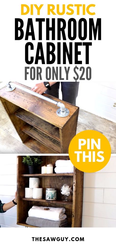 If you like rustic style interiors, you will like our next DIY project guide. Make your own rustic bathroom cabinet for only $20! Click on for our step by step guide plus a video tutorial to make things easier. Good luck! #thesawguy #diycabinet #rusticideas #rusticbathroom #rusticdecor #rusticshelf #diyshelf Rustic Bathroom Cabinet, Round Bathroom Rugs, Diy Rustic Bathroom, Tumblr Design, Rustic Bathroom Mirrors, Rustic Bathroom Lighting, Bathroom Cabinets Diy, Rustic Bathroom Vanities, Rustic Bathroom Designs