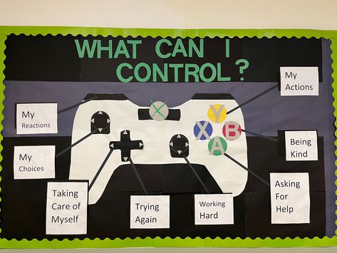 An x box controller with different parts labeled as “what I can control” for example, my mindset, my choices, my actions, etc. Coping Skills Bulletin Board Middle School, College Bulletin Boards Elementary, Project Boards Ideas, English And Spanish Bulletin Board, Growth Mindset Board Classroom, School Bulliten Boards Elementary, Things In My Control Bulletin Board, Counselor Board Ideas, Therapy Room Bulletin Board Ideas