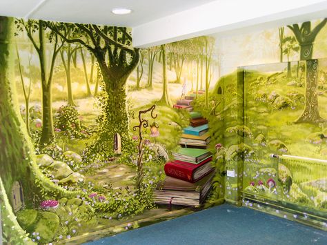 murals Library Mural Ideas, Art For Library, Library Murals, Book Staircase, Library Mural, Woodland Mural, School Entrance, Forest Mural, Woodland Wall