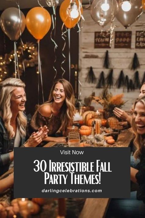 Embrace the cozy vibes of fall with the ultimate list of 30 Fall party ideas! 🍂🍁✨ From pumpkin carving to harvest-themed decorations, these ideas will make your autumn gatherings unforgettable. Whether you're planning a fall kids party, a family get-together, or just some good old-fashioned fall fun, these creative and festive suggestions have you covered. Grab a cup of cider and let the fall festivities begin! 🎃🎉 #FallPartyIdeas #AutumnFun #CozyCelebration Fall Themed 60th Birthday Party, Fall Food Themes For Parties, October Get Together Ideas, Birthday Party Ideas For October, 30th Birthday Fall Theme, Fall Kickoff Party, October Party Ideas Adults, Fall Themed 50th Birthday Party, Fall Girlfriend Party