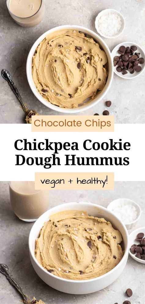 Creamy, rich, and decadent, this chickpea cookie dough hummus is the perfect healthier treat to curb your sweet tooth. Easy to make, and ready in 5 minutes. An excellent dip for fruits, crackers, and pretzels! Brownie Crisps, Cookie Dough Hummus, Dessert Hummus Recipe, Hummus Easy, Chickpea Chocolate Chip Cookies, Vegan Dessert Recipe, Chickpea Cookie Dough, Chocolate Hummus, Dessert Hummus