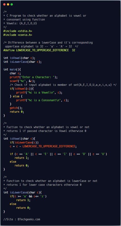 C Program to Check Whether an Alphabet is Vowel or Consonant - BTech Geeks Programming C++, C Programming Wallpaper, C Programming Learning Basic, C Language Programming Basic, C++ Programming, C Language Programming, Programming Aesthetic, C Programming Learning, C Sharp Programming