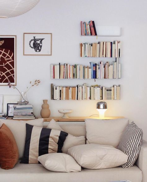 Bookcase & Bookshelf | 🤍 AESTHETIC BOOK CORNER 🤍⁠ "All the books look so nice on the #teebooks #shelves, don't they? I absolutely love them!"⁠ Thank you so much @… | Instagram Bedroom Aesthetic Books, Couch Shelf, Home Library Aesthetic, Shelves Above Couch, Above The Couch, Above Couch, Library Aesthetic, Aesthetic Books, Living Room Goals