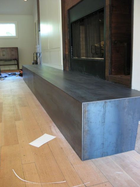 Black Steel Kitchen, Steel Kitchen Island, Diy Fireplace Mantle, Steel Fireplace, Hot Rolled Steel, Diy Fireplace Makeover, Metal Fireplace, Fireplace Update, Loft Kitchen