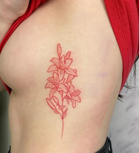 Red Lily Flower Tattoo, Red Tiger Lily Tattoo, Red Tattoo Fine Line, Red Orchid Tattoo, White And Red Tattoo, Red Ink Tats, Red Hip Tattoo, Dark Red Tattoo, Red Flowers Tattoo