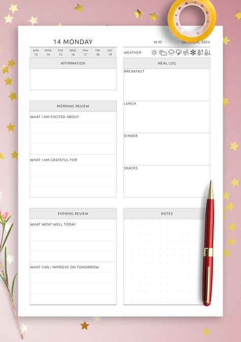 Daily Review, Review Template, Lavender Mist, Coral Blush, Planner Spread, Daily Schedule, Yellow And Brown, To Do, Daily Planner