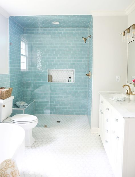 Ice Blue Bathroom Ideas, Aqua Bathroom Tile, Coastal Bathroom Ideas Beach Themes Master Bath, Aquamarine Bathroom Ideas, Coastal Bathroom Shower Tile, Coastal Bathroom Shower Tile Ideas, Aqua Shower Tile, Aqua Tile Bathroom, Turquoise Tile Bathroom