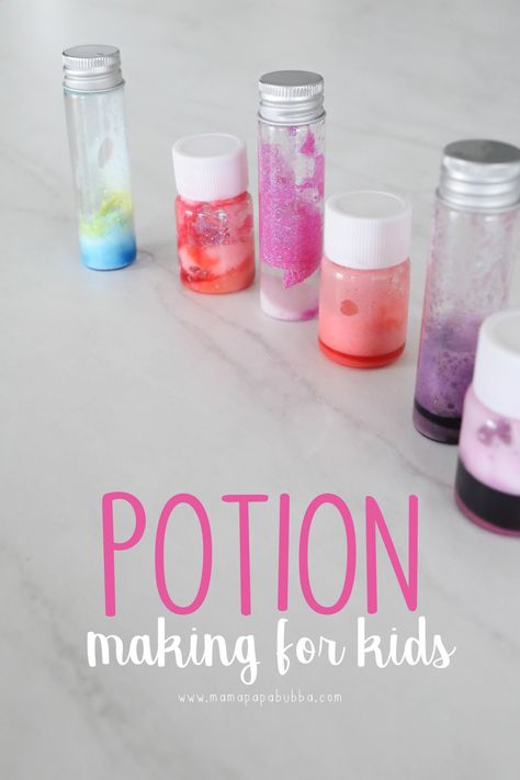 Potion Making for Kids | Mama.Papa.Bubba. Potion Sensory Bottles, Diy Potion Ingredients, Bath Potions Diy Kids, Edible Potions For Kids, Fairy Potion Recipes, Potion Making For Kids, Witch Potion Recipe, Unicorn Potion, Potion Lab