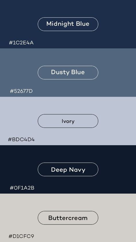 Midnight Blue Palette Colour Schemes, Colours With Navy Blue, Dusty Blue Hex Code, Midnight Blue Color Pallet, Dusty Blue And Navy Color Palette, Portfolio Design Color Palette, Navy Hex Code, Gray And Blue Palette, Blue And Ivory Color Palette