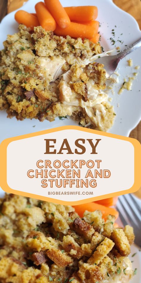 This Slow Cooker Crockpot Chicken and Stuffing recipe reminds me of a meal that my mom would have made when I was growing up! Toss a few easy ingredients into the slow cooker and dinner will be ready without much work at all! This 1980s Slow Cooker Chicken and Stuffing only takes about 5 minutes to toss together! via @bigbearswife Recipes With Chicken Tenderloins Crock Pots, Crock Pot Stove Top Chicken, Turkey Tenderloin And Stuffing Crockpot, Slow Cooker Stove Top Chicken, Crock Pot Chicken And Stuffing Casserole, Frozen Chicken And Stuffing Crockpot, Crockpot Chicken Recipes With Stove Top Dressing, Chicken Broccoli Crockpot Recipes Easy, Crock Pot Chicken With Stove Top Stuffing