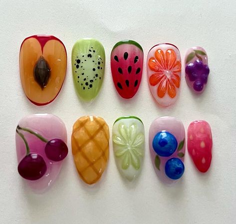 3d fruits 🍇🍒🍊 3d Nail Designs Fruit, Fruits Nails Design, 3d Fruit Nail Art, 3d Fruit Nails, 3 D Nails Designs, Cute Fruit Nails, Fruits Nails, Spring Nails Inspiration, Freestyle Nails