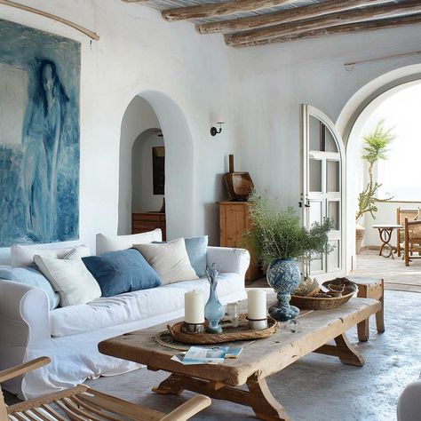 Creating Your Dream Mediterranean Style Living Room • 333+ Art Images Positano Interior Design, Santorini Style Interior, Greek Villa Interior Design, Mediteran House Interior Design, Mediterranean Living Room Inspiration, Interior Mediterranean Style, Mediteranean Houses Interior Decor, Sea House Interior, Greek Style Living Room