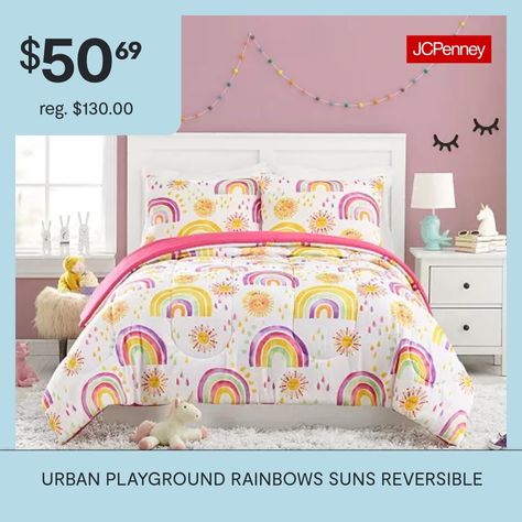 Wake up to sunshine and rainbows with the rainbows & suns comforter set. This print features artistic watercolor rendering of rainbows, multicolored raindrops, and a warm smiling sun. The comforter reverses to cheerful hot pink color. This easy-care set is made of super soft brushed polyester and includes two matching shams. The sun will always be shining in your room with this cute comforter set.# Pieces In Set: 3Included: 1 Comforter(s), 2 Standard Sham(s)Features: ReversibleBed Size: Full-Qu… Rainbow Bed, Rainbow Girls Room, Watercolor Rendering, Urban Playground, Smiling Sun, Twin Xl Comforter, Reversible Comforter, Hot Pink Color, Pink Bedroom