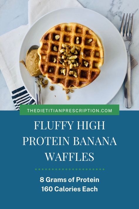 Fluffy High Protein Banana Waffles on a white plate with crumbled walnuts and a spoon full of peanut butter on the plate. Home Made Waffles, Banana Waffles, Egg Protein, Protein Waffles, Banana And Egg, Banana Protein, Ultimate Breakfast, Waffle Mix, Belgian Waffles