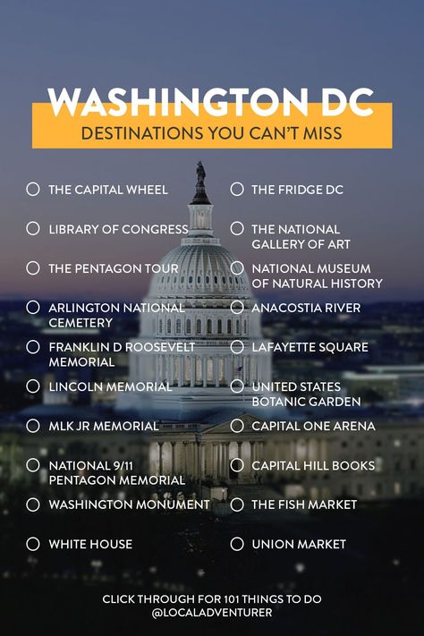 Looking for exciting new things to do in Washington DC? Whether you're a local or visitor here's your ultimate DC bucket list plus tips for first time visitors // Local Adventurer #washingtondc #visitwashingtondc #mydccool #localadventurer #dc #visittheusa Washington Dc List, Dc Bucket List Washington, Washington Dc Checklist, Things To See In Washington Dc, Packing For Washington Dc, Moving To Dc, Things To Do In Washington Dc, Travel Washington Dc, Dc Bucket List