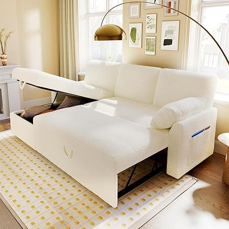 VanAcc Sleeper Sofa, Sofa Bed- 2 in 1 Pull Out Couch Bed with Storage Chaise for Living Room, Sofa Sleeper with Pull Out Bed, White Boucle Couch Pull Out Couch Bed, Modular Sofa Bed, Modern Sleeper Sofa, Pull Out Couch, Pull Out Sofa Bed, Pull Out Sofa, Sofa Sleeper, Storage Chaise, Pull Out Bed