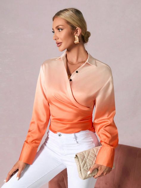 Orange Elegant Collar Long Sleeve Fabric Ombre Top Embellished Non-Stretch Spring/Summer/Fall Women Clothing Ombre Tops For Women, Sunset Outfit, Ombre Top, Ombre Fashion, Couture Runway, Jcrew Women, Vintage Streetwear, Women Blouses, Orange Fashion