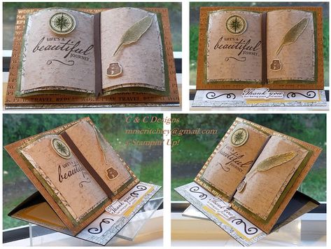 Book Cards Ideas, Easel Cards Template, Book Bind Cards, Suspended Book Fold Card, How To Make An Easel Card, Easel Card Instructions, Book Easel, Dimensional Cards, Music Paper