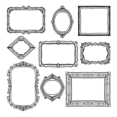 Drawings In Frames, Picture Frame Drawing Ideas, Frames Tattoo Design, Illustrated Picture Frames, Ornate Frame Illustration, Old Frame Drawing, Gold Frame Drawing, Fancy Picture Frame Drawing, Old Frame Tattoo