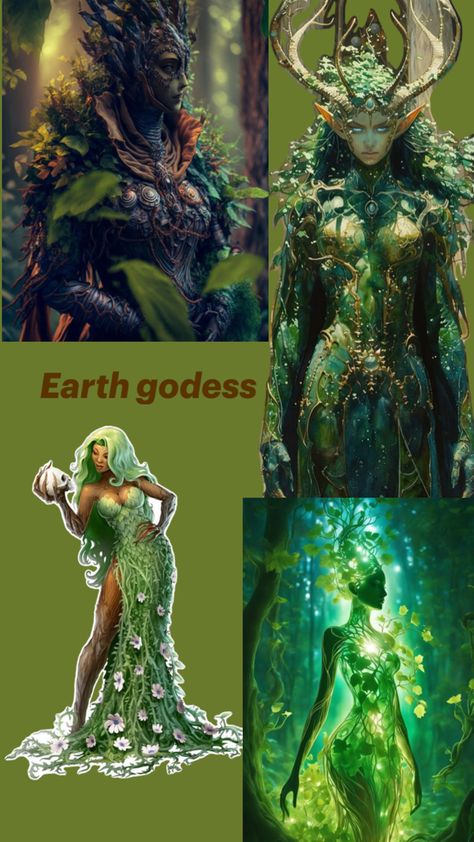 Earth Goddess Dress, Mother Earth Outfit, Nature Goddess Character Design, Earth Element Outfit, Earth Goddess Aesthetic, Dnd Gods, Earthy Goddess, Hippie Boho Outfits, Gaia Goddess