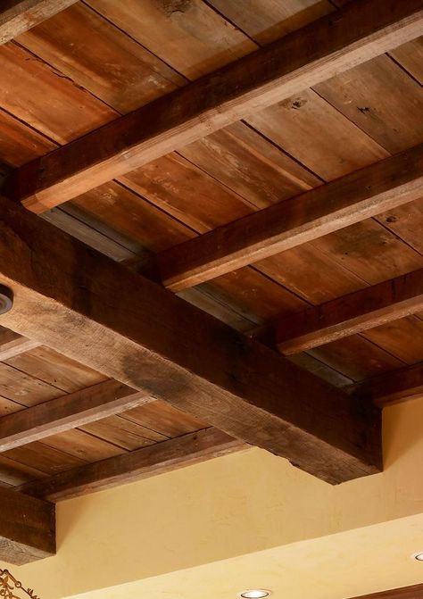 Reclaimed wooden beams, ready for another 100 years! Rustic Wooden Ceiling, Wooden Ceiling Panelling, Ceiling Ideas Beams, Exposed Wooden Beams Ceiling, Wooden Ceiling Beams, Wood Ceiling Apartment, Wooden Beam Ceiling, Wooden Beam, Exposed Wood Beams