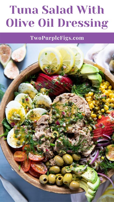 Overhead photo of Tuna Salad Recipe with Olive Oil Dressing in a big bowl. Tuna Salad Dressing, Tuna Pasta Salad Recipes, Best Tuna Salad Recipe, Tuna Salad Ingredients, Homemade Salad Dressing Healthy, Best Tuna Salad, Great Salad Recipes, Change Your Attitude, Healthy Tuna Salad