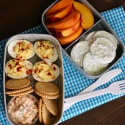 Simply Southern Bento Box - Allrecipes.com Pimento Peppers, Southern Pimento Cheese, Sliced Peaches, Fish Crackers, Tuna And Egg, Pimento Cheese Recipes, Creamy Cucumber Salad, Creamy Cucumbers, Lunch Recipe