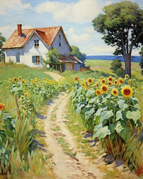 Farm Scene Painting, Sunflower Landscape, Countryside Art, Watercolor House Painting, Farm Paintings, Afrikaanse Kunst, Scenery Paintings, Cottage Art, Landscape Art Painting