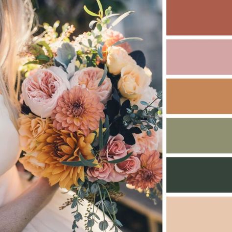 Winter Spring Wedding Colors, Spring Neutral Wedding Flowers, Summer Wedding Colors Wildflowers, Rustic Sunset Wedding Colors, Summer Party Color Palette, Wedding Flower Colour Schemes, Gamboge Color Aesthetic, Summer Earth Tone Wedding, Unique Spring Wedding Colors