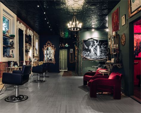 Dark And Moody Hair Salon, Black Wall Salon Decor, Dark Moody Salon, Dark Salon Interior Design, Salon With Black Walls, Gothic Beauty Salon, Dark Salon Decor, Home Salon Suite Ideas, Dark Moody Salon Suite