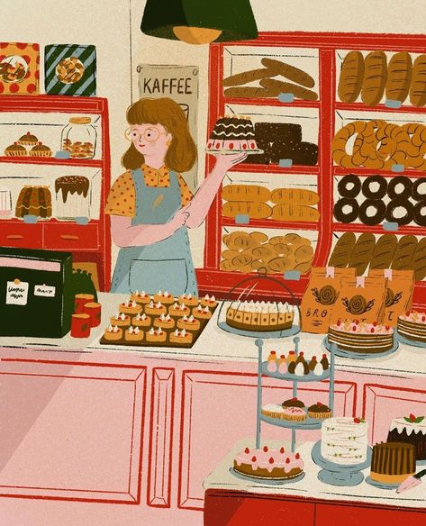 Whisk away into the art of baker illustration! Discover styles from vintage charm to modern sleekness, ideal for every bakery enthusiast and creative soul. Bakery Illustration Art, Bakery Illustration Drawings, Bakery Shop Drawing, Baker Drawing, Bakery Drawing, Baker Illustration, Bakery Painting, Bakery Illustration, Cafe Mural