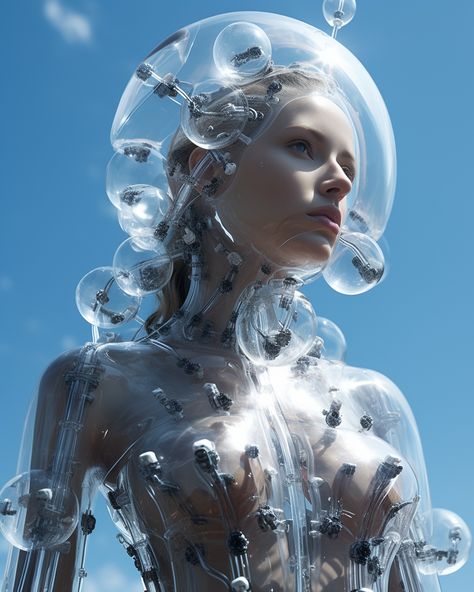 Futuristic fashion - Prompt in caption: Translucid robot queen of the sea, cybernetic fashion, bubbles, veins, fritz lang 2057, HD photorealistic, raw style, light angle view, full body , retrolight --v 5.2 --ar 4:5 #AIArt #midjourney #PromptPal #aiartcommunity #promptart #sharethisprompt #digitalart #aiphotography #midjourneyartwork #midjourneygallery #midjourneyart #midjourneypeople #midjourneyartwork #midjourneygallery #aiartcommunity #aifashion #generativeart #generativearts #aiart Midjourneyart Fashion, Robotic Fashion, Futuristic Editorial, Futuristic Fashion Aesthetic, Midjourneyart Prompt, Futuristic Photography, Futuristic Portrait, Robot Fashion, Ar Fashion