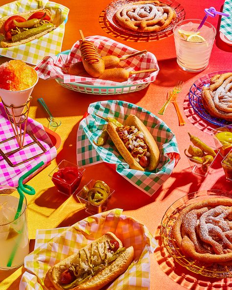 Boardwalk-inspired food test shoot with Food Stylist Hadley Sui and Prop Stylist Kellie Arceneaux. #boardwalk #hotdog #snowcone #foodphotography #colorfulphotography Lifestyle Photography Food, Summer Boardwalk, Food Film, Food Photoshoot, American Diner, Strawberry Milkshake, Prop Styling, Food Photography Styling, Food Test