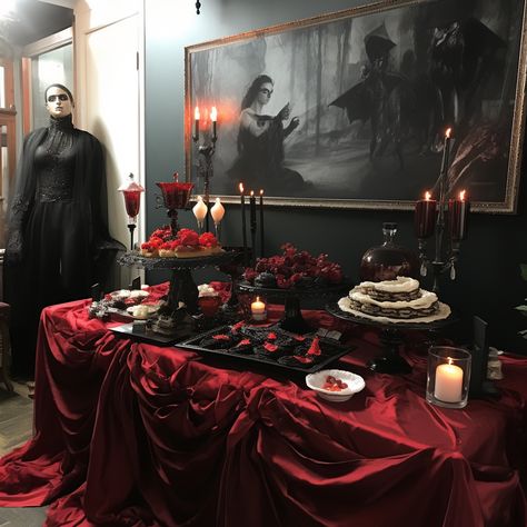 1920 Halloween Party, Dark Victorian Party Theme, Dracula Party Decorations, Vampire Photo Backdrop, Gothic Glam Birthday Party, Gothic Theme Birthday Party, Gothic Victorian Party Decor, Vampire Halloween Party Ideas, Vampire Dinner Table