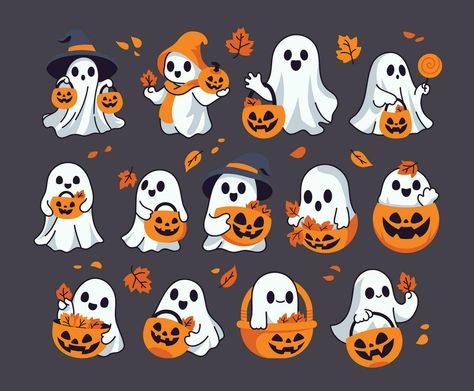 Cute Ghost Holding Pumpkin Basket Autumn Vector Illustration Set Kawaii, Halloween Vector Illustration, Cute Ghost Holding Pumpkin, Cute Halloween Illustration, Halloween Cartoon Characters, Pumpkin Illustration Halloween, Cute Ghost Illustration, Cute Ghost Art, Ghost Holding Pumpkin