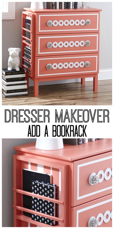 Makeover a dresser with this simple, easy project!  Add a bookrack to the side of a dresser.  thistlewoodfarms.com Mini Dresser Makeover, Square Dresser Makeover, Unique Dresser Makeover, Bookcase Dresser, Bedside Dresser, Book Rack, Folding Origami, Book Holder, Diy Dresser