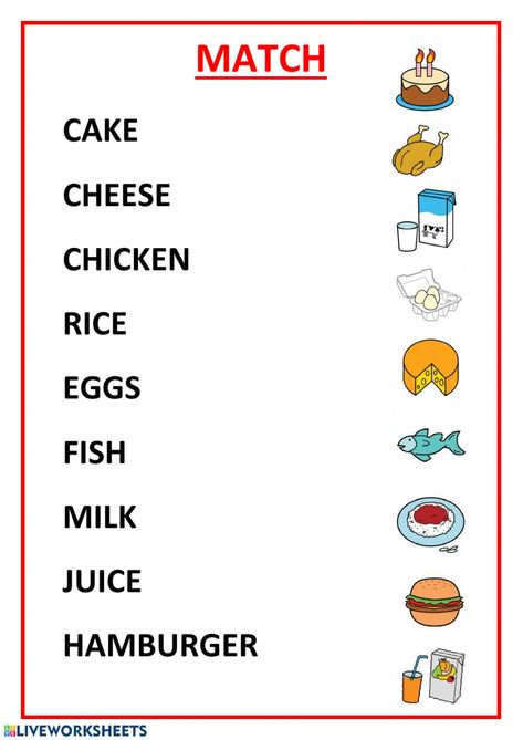 Food and drinks interactive activity for 1º y 2º de primaria. You can do the exercises online or download the worksheet as pdf. Second Grade English Activities, Food Kindergarten Worksheets, Food Worksheets For Grade 1, English Worksheets For Kids Grade 2, Food And Drink Worksheet, Food Activity For Kids, English Activity For Kindergarten, Food Worksheets For Kids, Food Activities For Kids