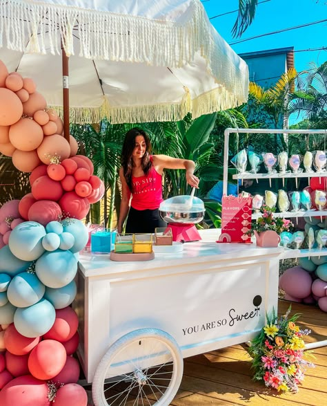 Mobile Cotton Candy Cart, Mimosa Cart Bar, Champagne Cart Ideas, Cotton Candy Cart Ideas, Dessert Cart Ideas, Candy Cart Ideas, Mimosa Cart, Snow Cone Cart, Candy Bar Cart