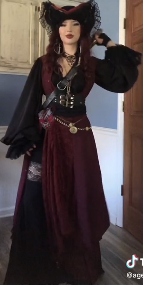 Pirate Captain Aesthetic Clothing, Dark Rennaisance Outfits, Red And Black Pirate Outfit, Archeologist Outfit Men, Pirate Costume Women Pants, Fem Pirate Outfit, Pirate Costume Women Aesthetic, Pirate Fashion Aesthetic, Pirate Corset Outfit