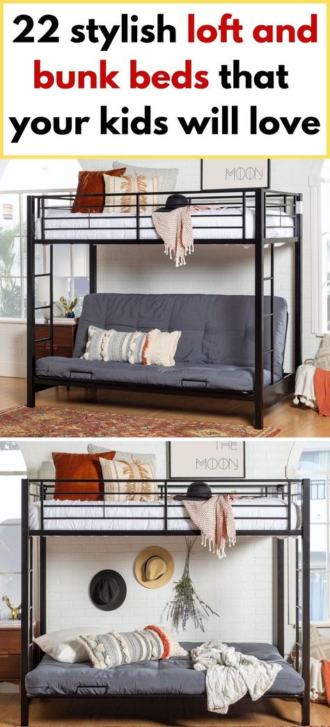 Twin Over Futon Bunk Bed, Futon Bunk Bed Ideas, Top Bunk Bed Ideas, Bedroom With Futon, Bunk Bed With Futon, Bunk Bed Boys Room, Bed With Futon, Boys Room Bunk Beds, Bed With Canopy